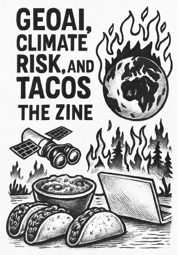 Cover of GeoAI, Climate Risk and Tacos: The Zine — NYC 2025. Hand-inked burning Earth above a satellite with binoculars, a bowl of guacamole, tacos and a laptop.