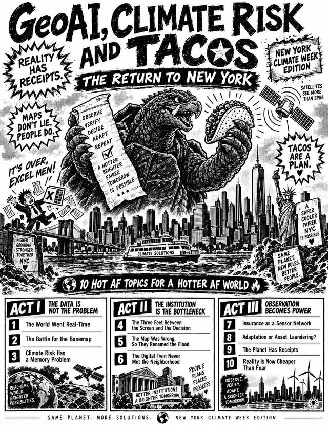 Cover of GeoAI, Climate Risk and Tacos: The Return to New York &mdash; New York Climate Week Edition. Hand-inked kaiju holding a taco and a checklist above the Manhattan skyline, satellites overhead and the Statue of Liberty at right.