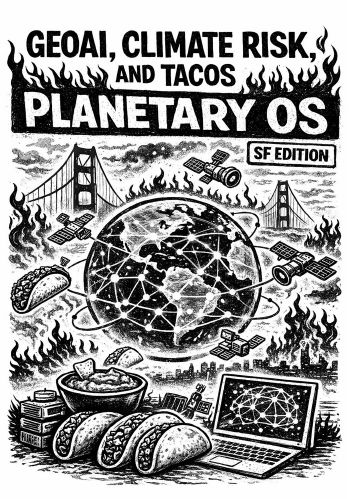 Cover of GeoAI, Climate Risk and Tacos: Planetary OS — SF Edition. Hand-inked flaming globe wrapped in satellite orbits over the Golden Gate, with tacos and a laptop in the foreground.